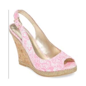 Lilly Pulitzer Krisie Wedges Sandals Pink Floral Leather Cork Metallic Size 8